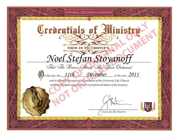 Universal Life Church ordained minister credentials